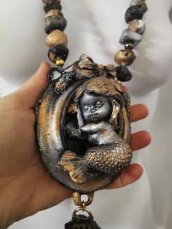 Handmade Sleeping Mermaid Pendant Necklace, Chunky Beaded Jewelry