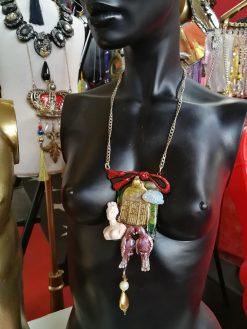 Doll Head Bird Cage Pendant, Art Deco Golden Pearl Charm