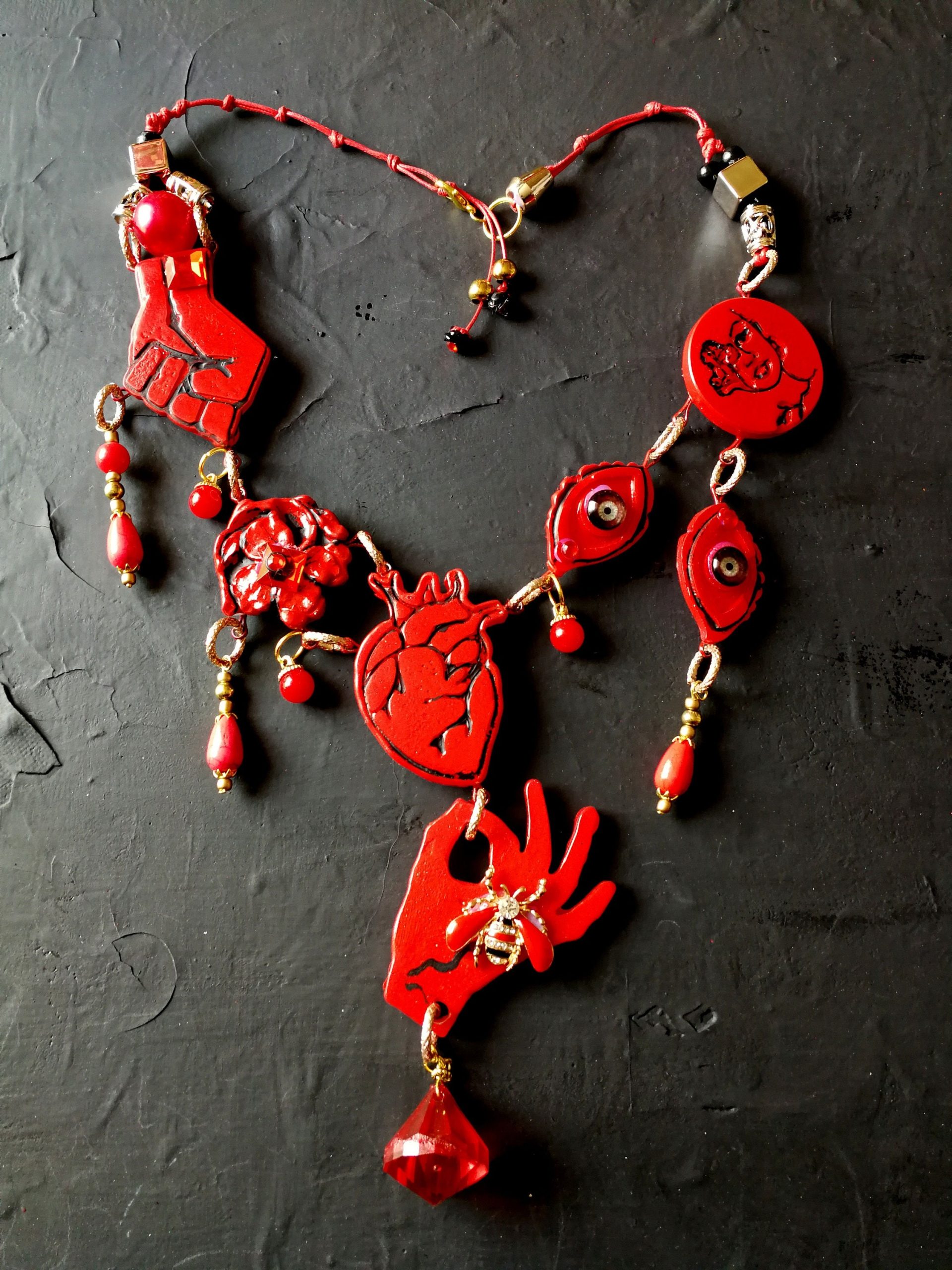 Red Anatomical Heart Statement Necklace, Evil Eye, Bee and Flower Charms