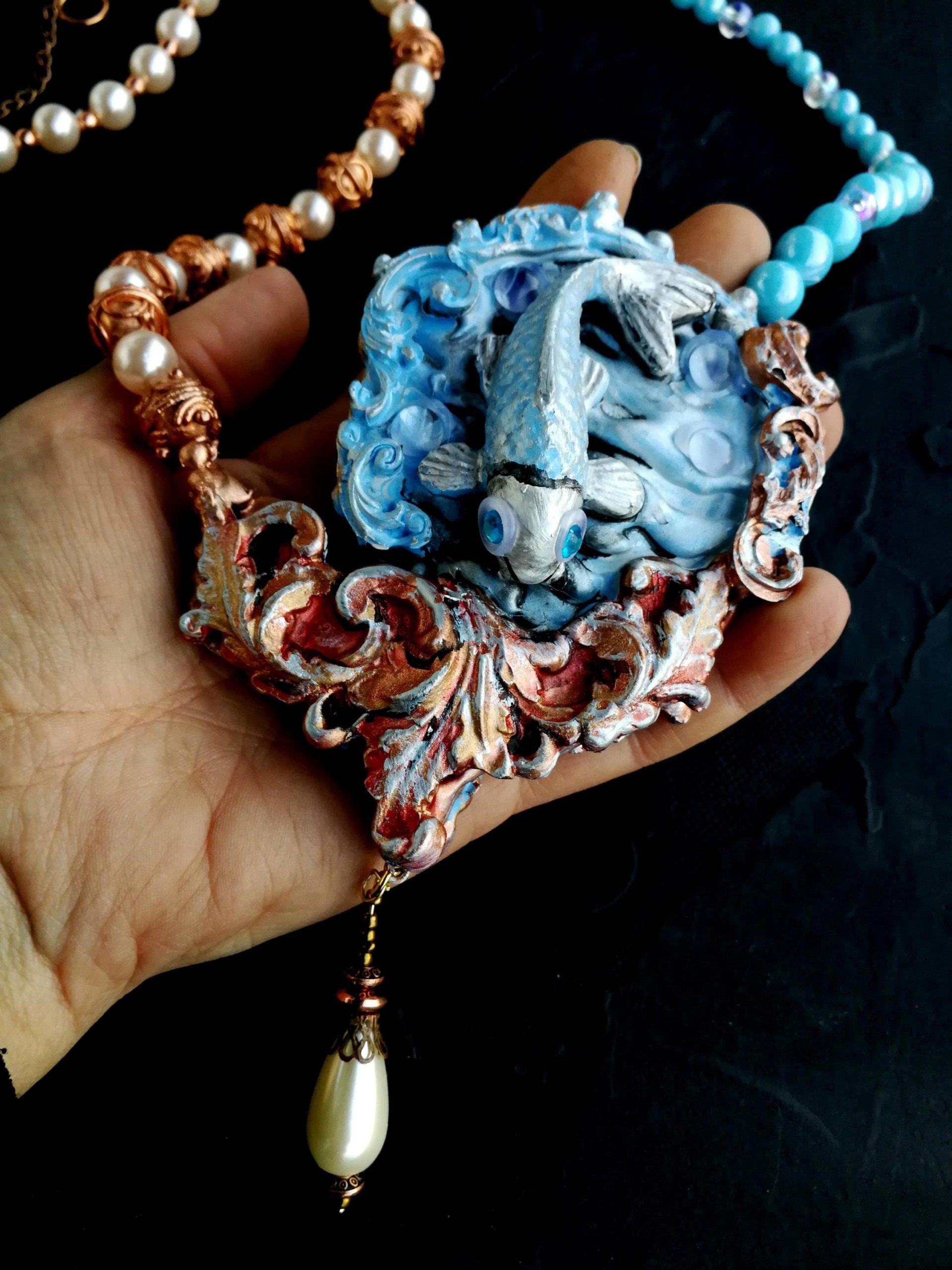 Art Deco Koi Fish Pearl Necklace, Handmade Sea Life Amulet