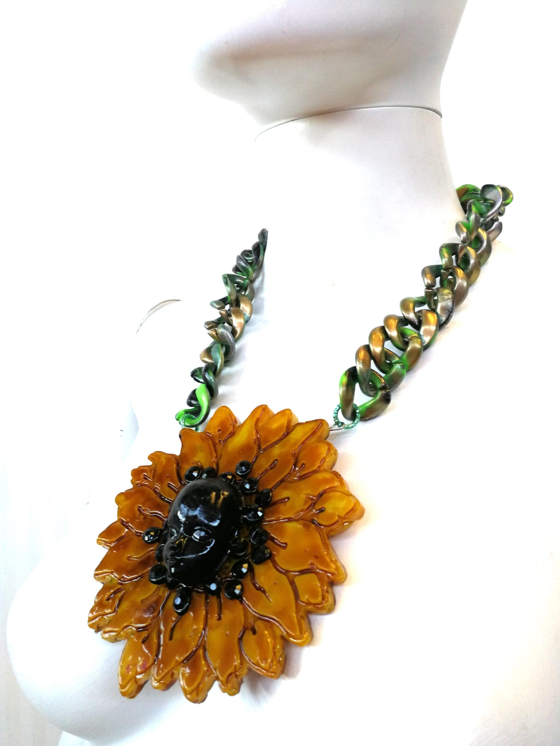 Sunflower Necklace and Bracelet Daisy Pendant, Floral Suit Set Jewelry, Sun Flower Brutalist Modernist
