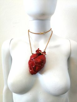 Anatomical Heart Red Necklace, Bee Nest Pendant Lucky Charm, Sculptural Statement Jewelry Choker Chain