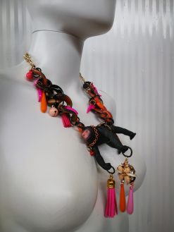 Handmade Monkey Pendant Necklace, Beaded Tassel Bib, Italian Couture
