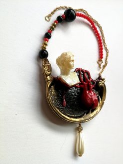 Brutalist Heart Pendant Necklace, Antique Statue, Pearl Jewelry