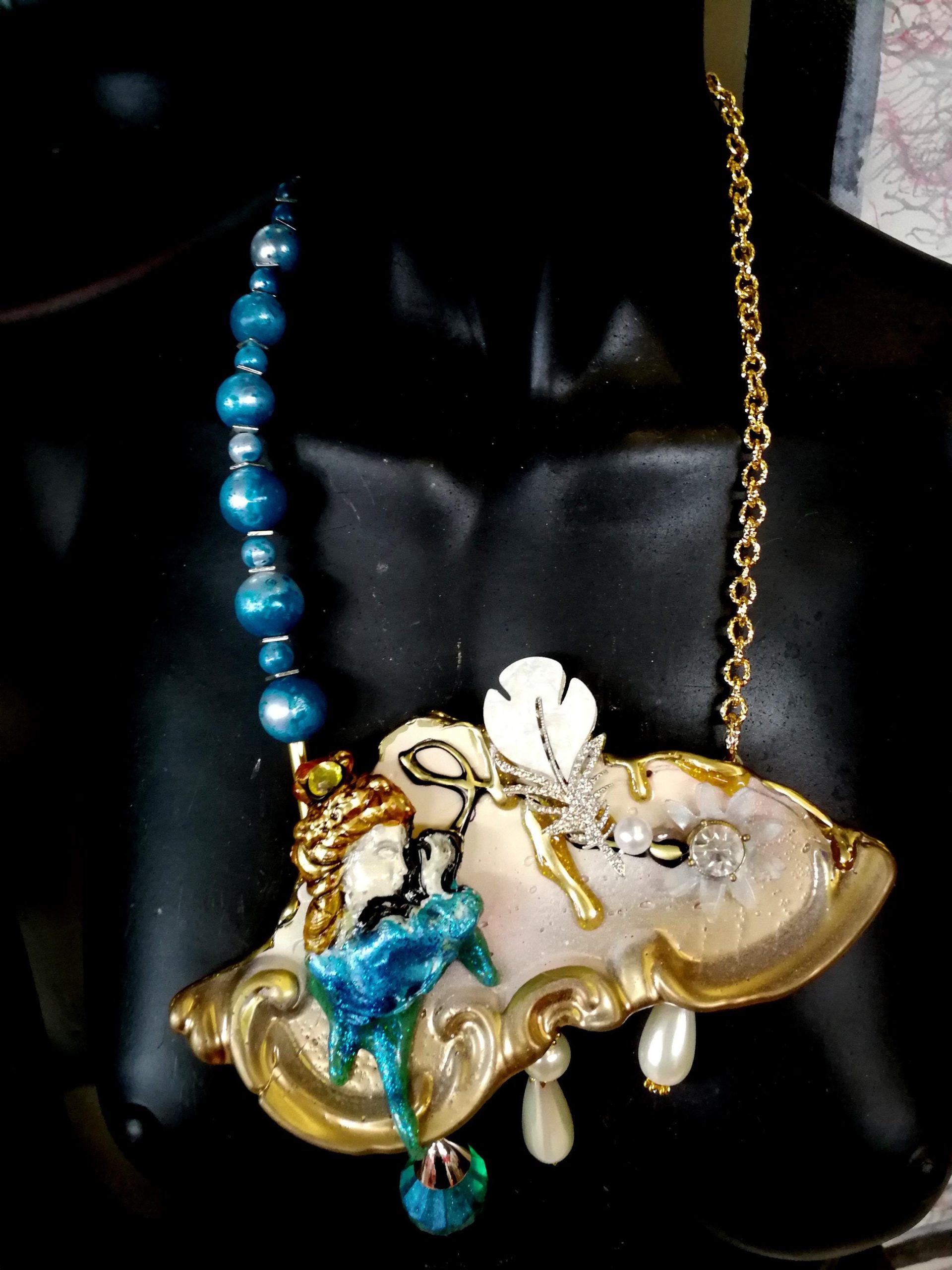 Brutalist Art Deco Bib Necklace, Doll Charm, Pearl Stone Pendant