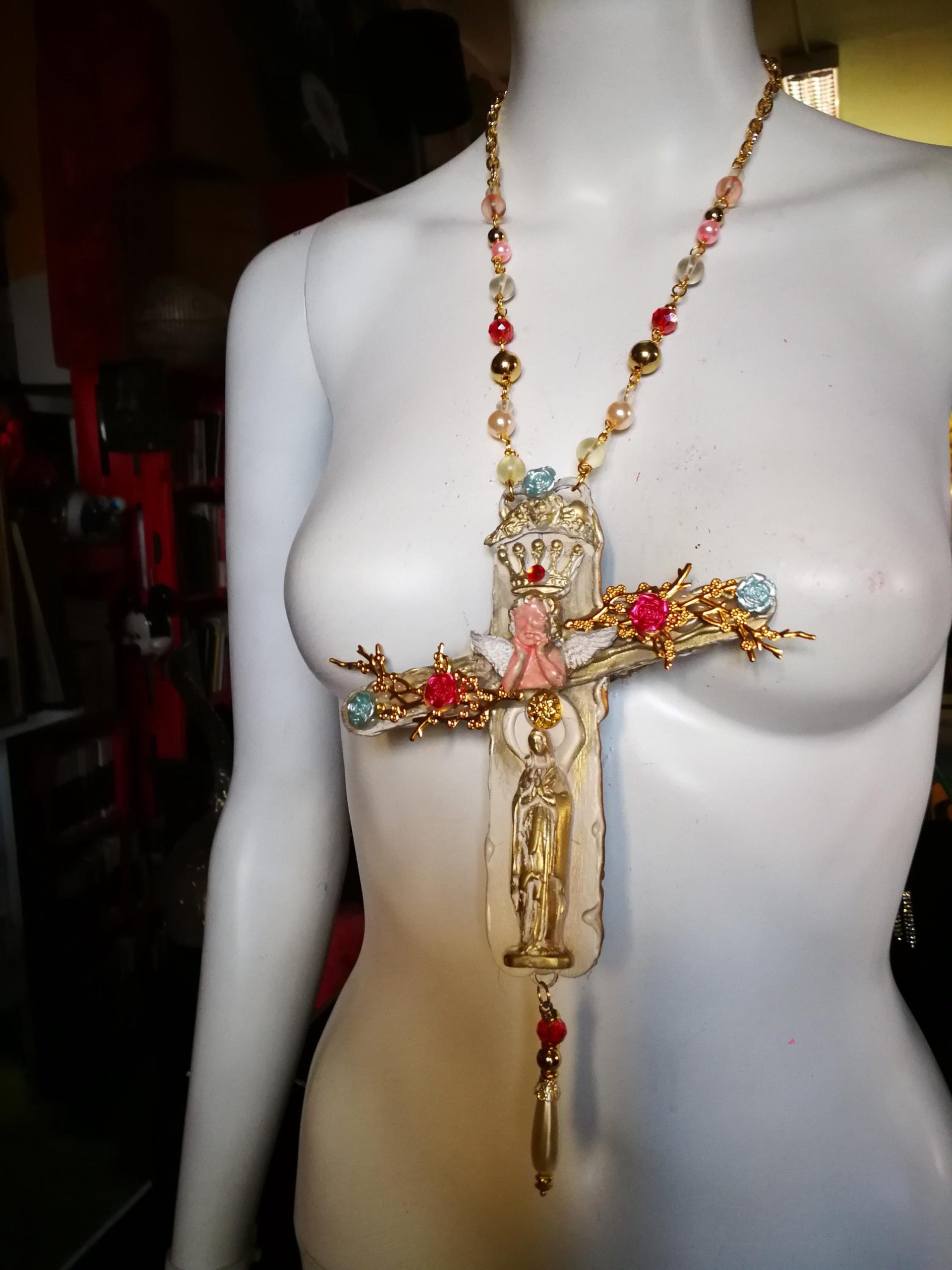 Baroque Virgin Mary Cross Pendant, Rococo Cherubim Bib Necklace
