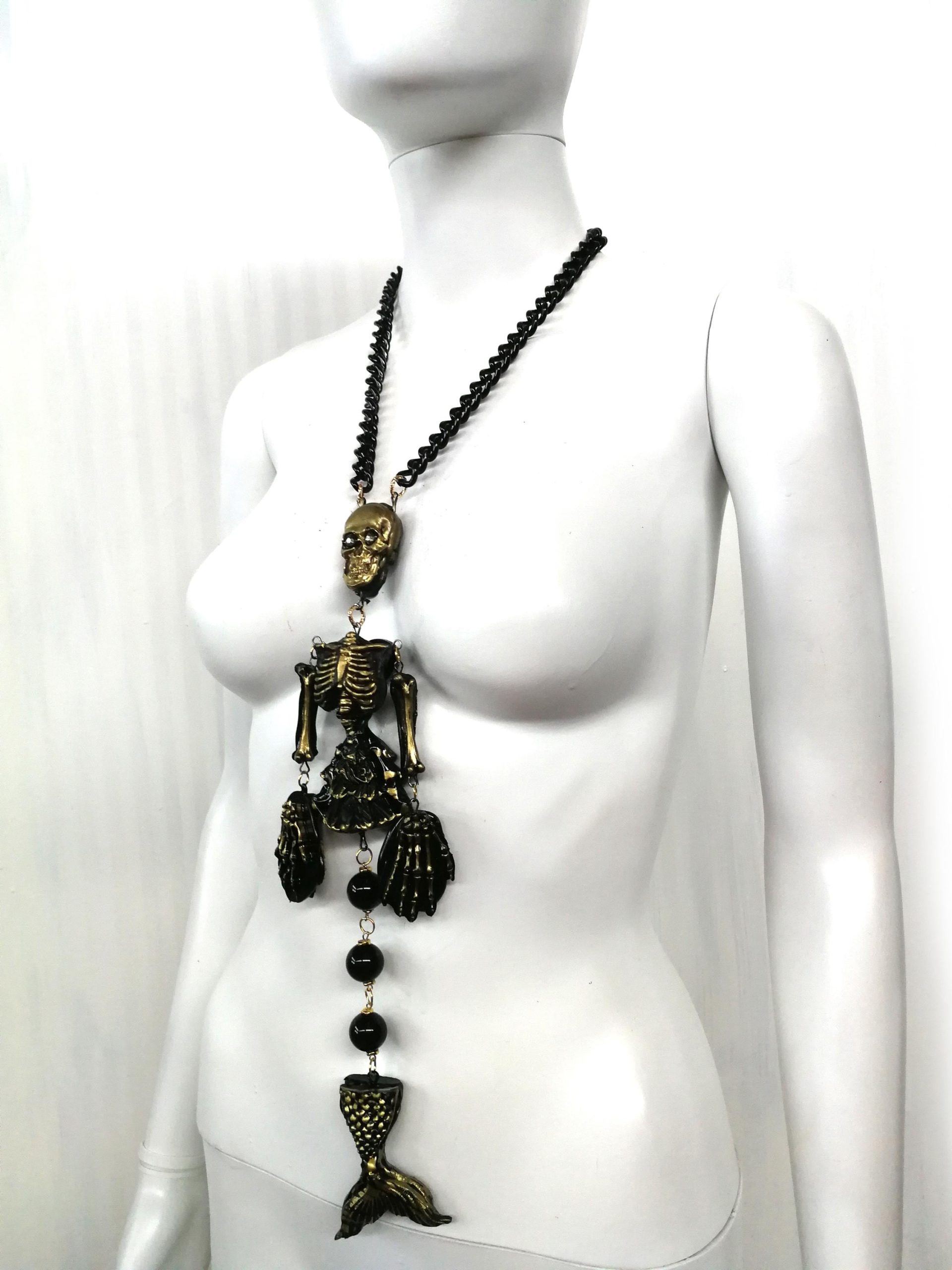 Macabre Jewelry Dark Necklace, Skull Skeleton Pendant, Gothic Punk Jewellery, Creepy Hauted Siren Mermaid