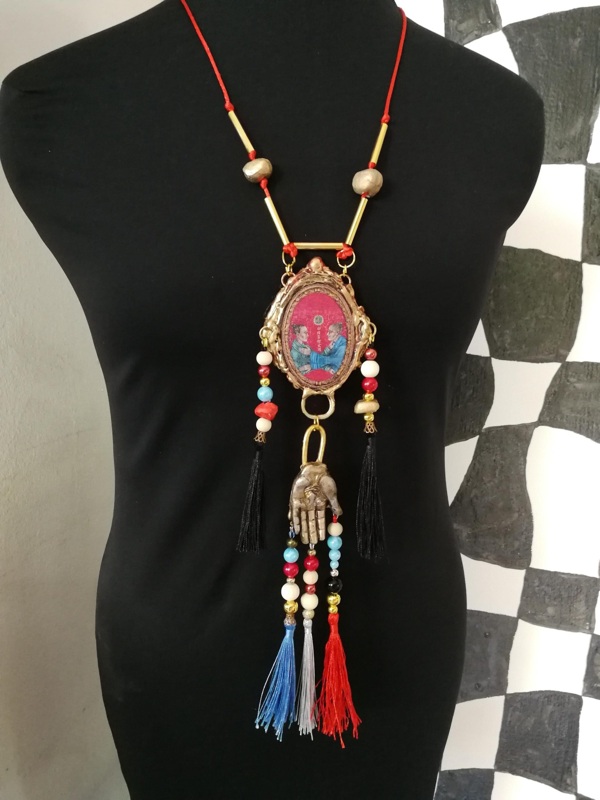 Buddha Jewelry, Statement Necklace Chunky Tribal Beaded Choker, Buddhist Pendant & Dragon Eye Sculptural Luxury