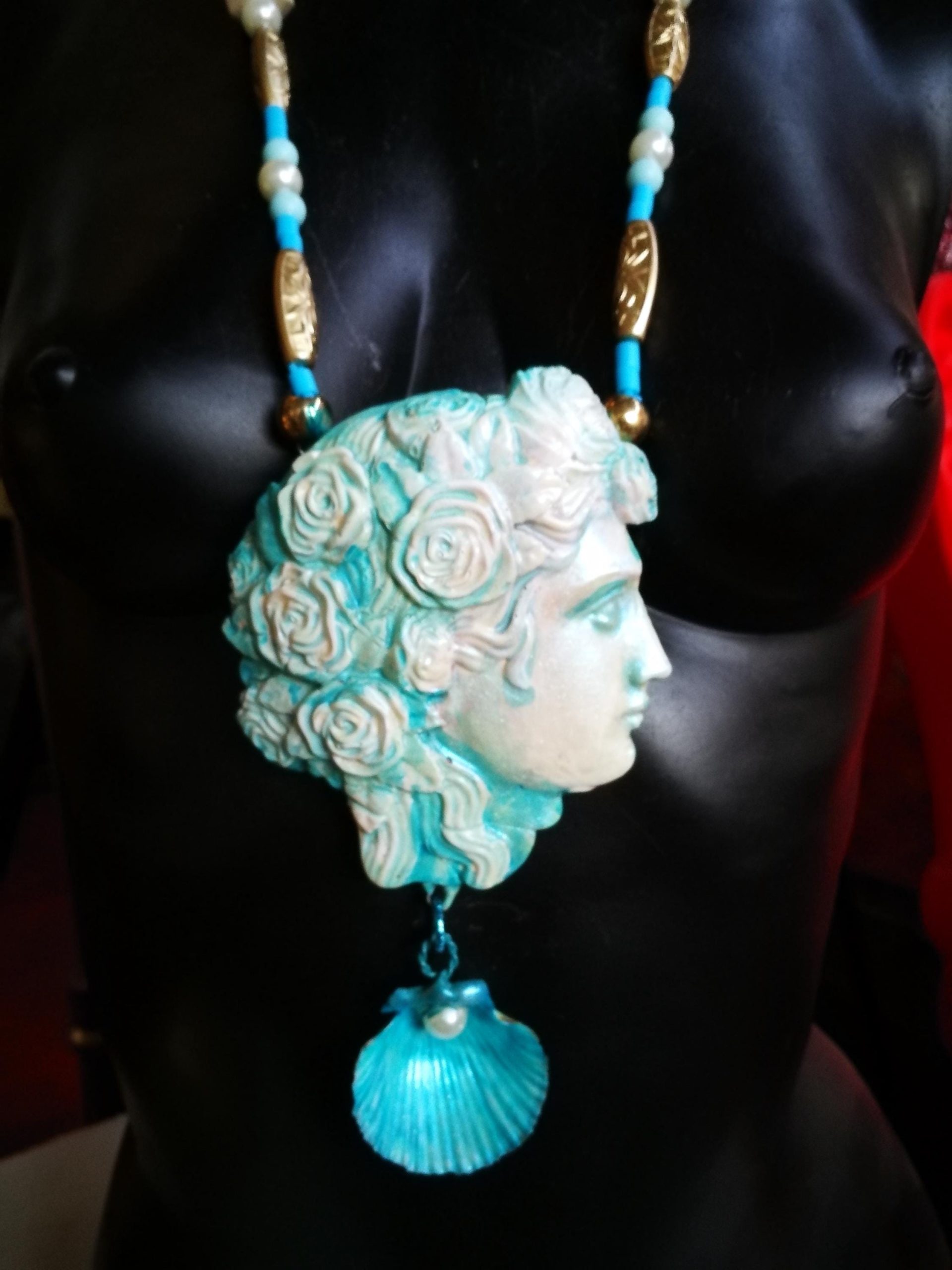 Greek Jewelry, Antique Mythology God Goddess Statue Sculpture Pendant, Big Bold Chunky Necklace Shell