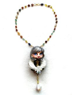 Art Deco Pendant - Statement Necklace Luxury Sculpted Doll, Natural Pearl Vintage Gemstone Couture Jewelry