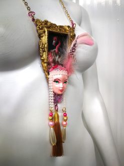 Pink Flamingo Jewelry, Exotic Bird Pendant, Doll Head Sculpture, Baroque Charm Necklace Feather & Tassel