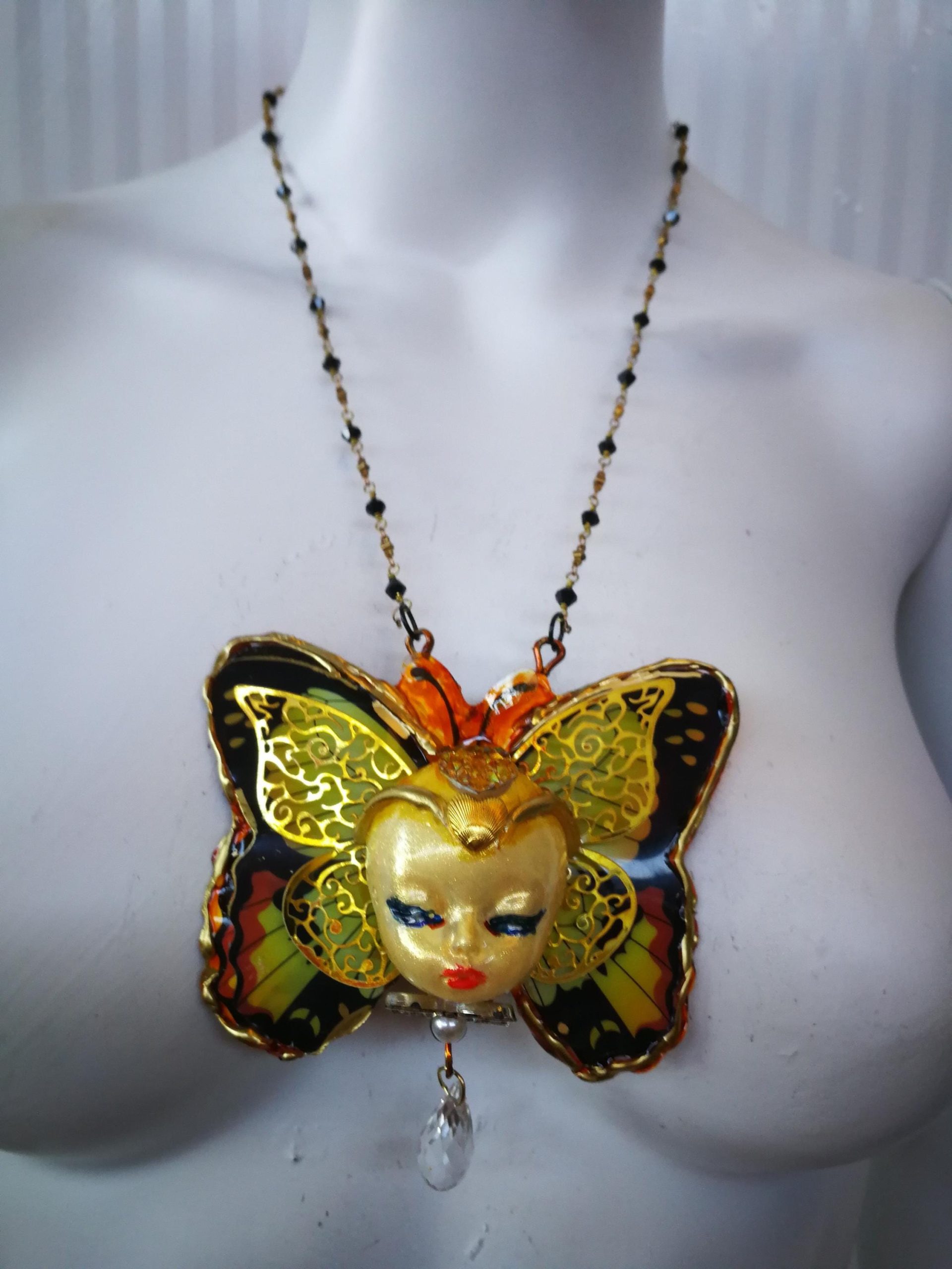 Butterfly Necklace, Doll Head Pendant Statement Jewelry, Sculptural Liberty Belle Epoque Golden Age Charm