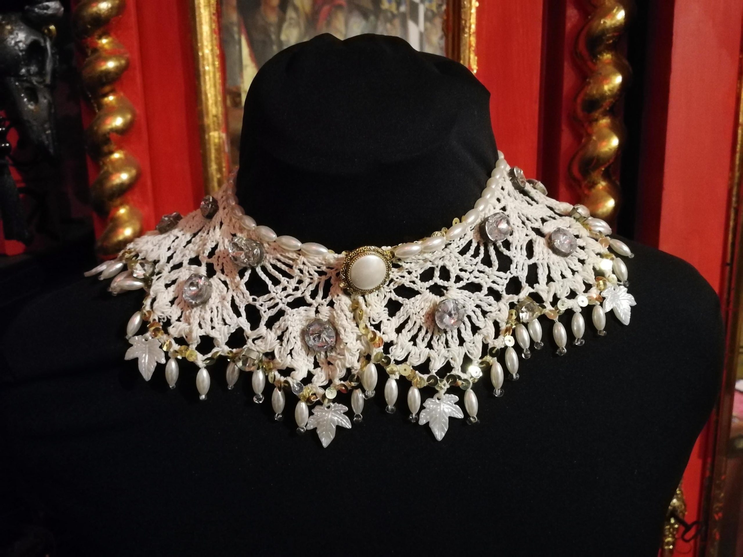 Wednesday Addams Macrame Collar Choker, Embroidered Lace Bib, Crystals & Pearls