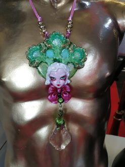 Statement Jewelry, Belle Epoque Sculpture Pendant, Four Leaf Clover Necklace Bib, Flower Crystal Charm