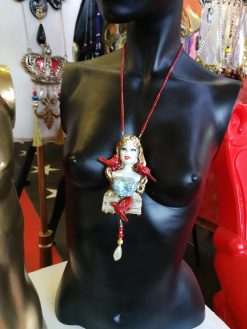 Belle Epoque Jewelry, Art Deco Doll Head Sculpture Pendant, Red Bird Cage Golden Liberty