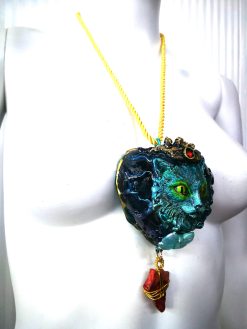 Cat Jewelry Necklace, 3D Sculptural Heart, Elegant Statement Stone Charm Animal Crown Maximalist Pendant