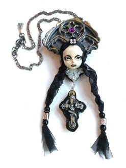 Gothic Necklace, Doll Head Sculpture Pendant, Wednesday Addams Goth Jewel Charm, Fairy Tale Jewelry