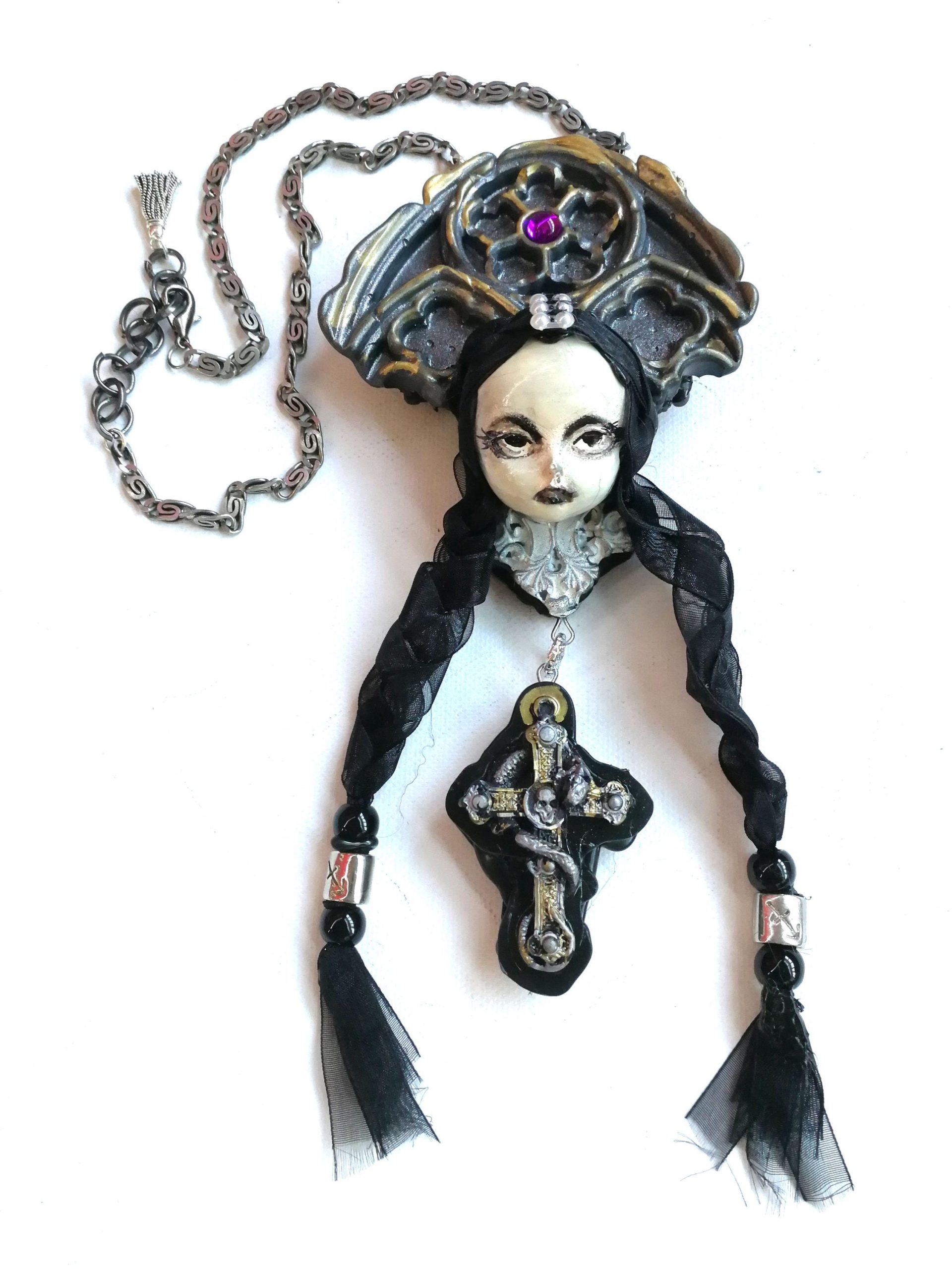 Gothic Necklace, Doll Head Sculpture Pendant, Wednesday Addams Goth Jewel Charm, Fairy Tale Jewelry