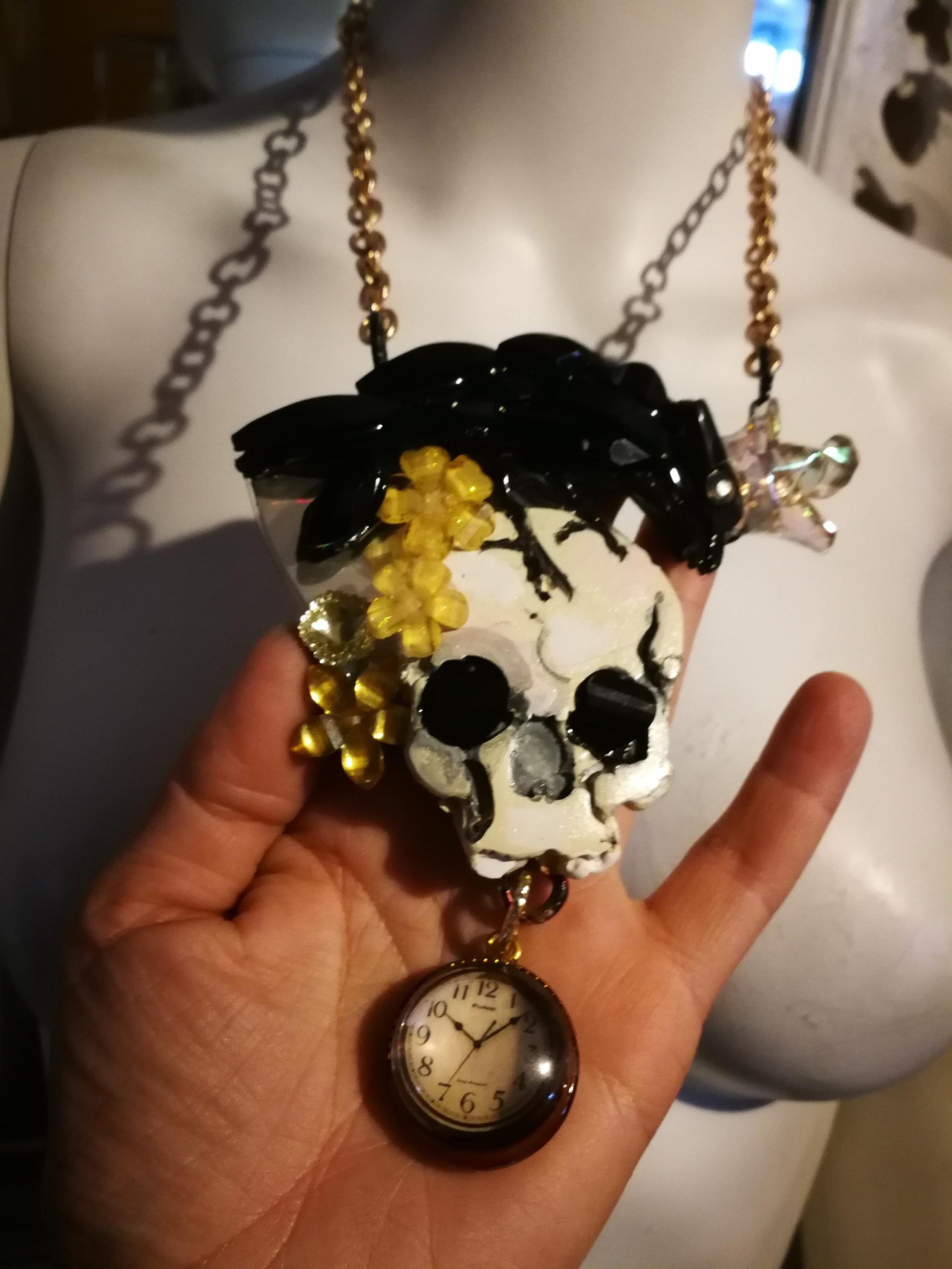Victorian Gothic Jewelry, Baroque Statement Pendant Memento Mori, Skull Crowned Crow Black Raven Necklace