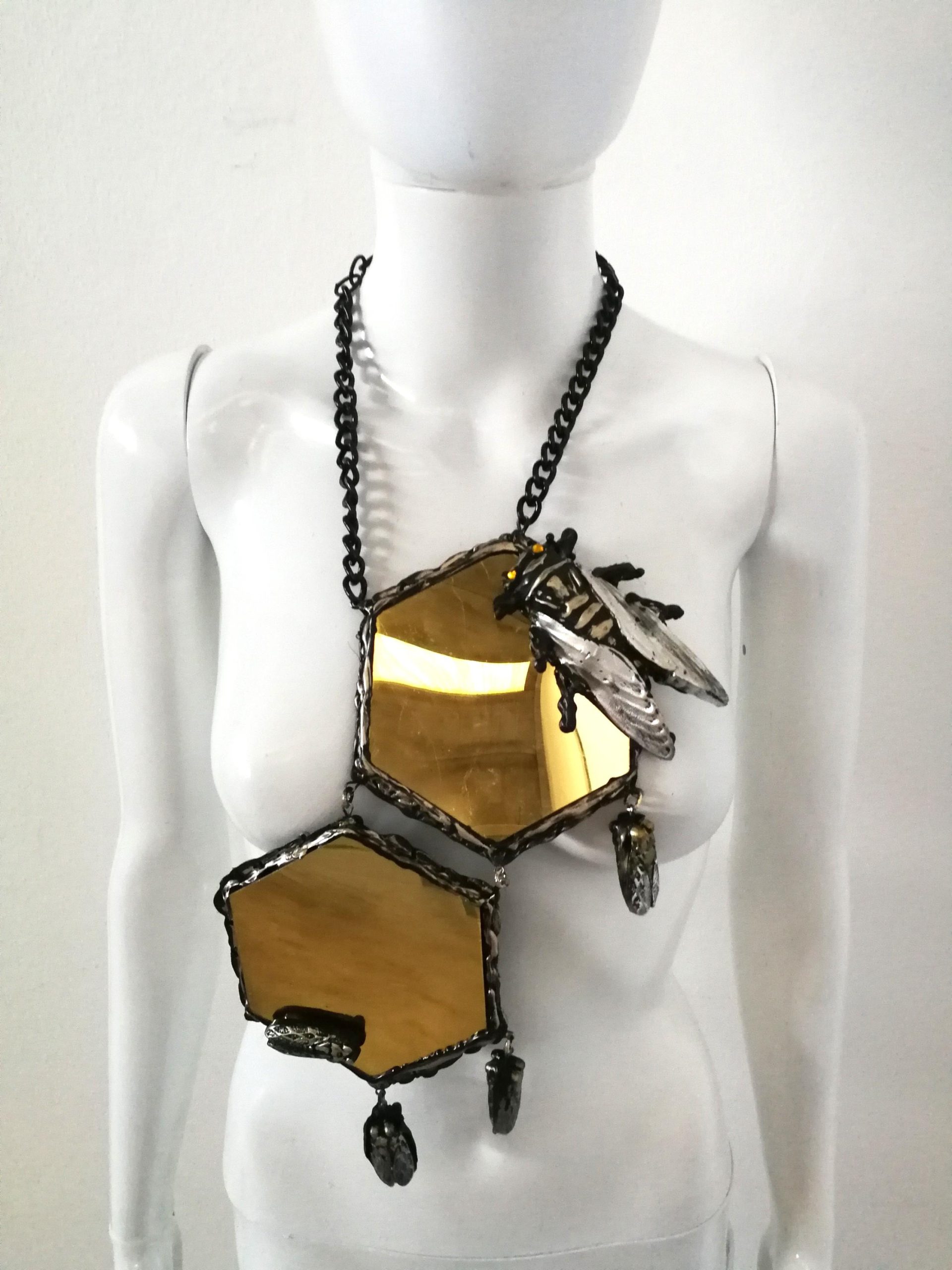 Queen Bee Necklace, Gold Bumble Honey Nest Pendant, Insect Charm Hexagon Beaded Vermeil Mirror