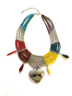 Mexican Jewelry, Ethnic Glamour Necklace, Whimsical Skull Pendant, Luxury Boho Charm Tribal Horn Gemstone