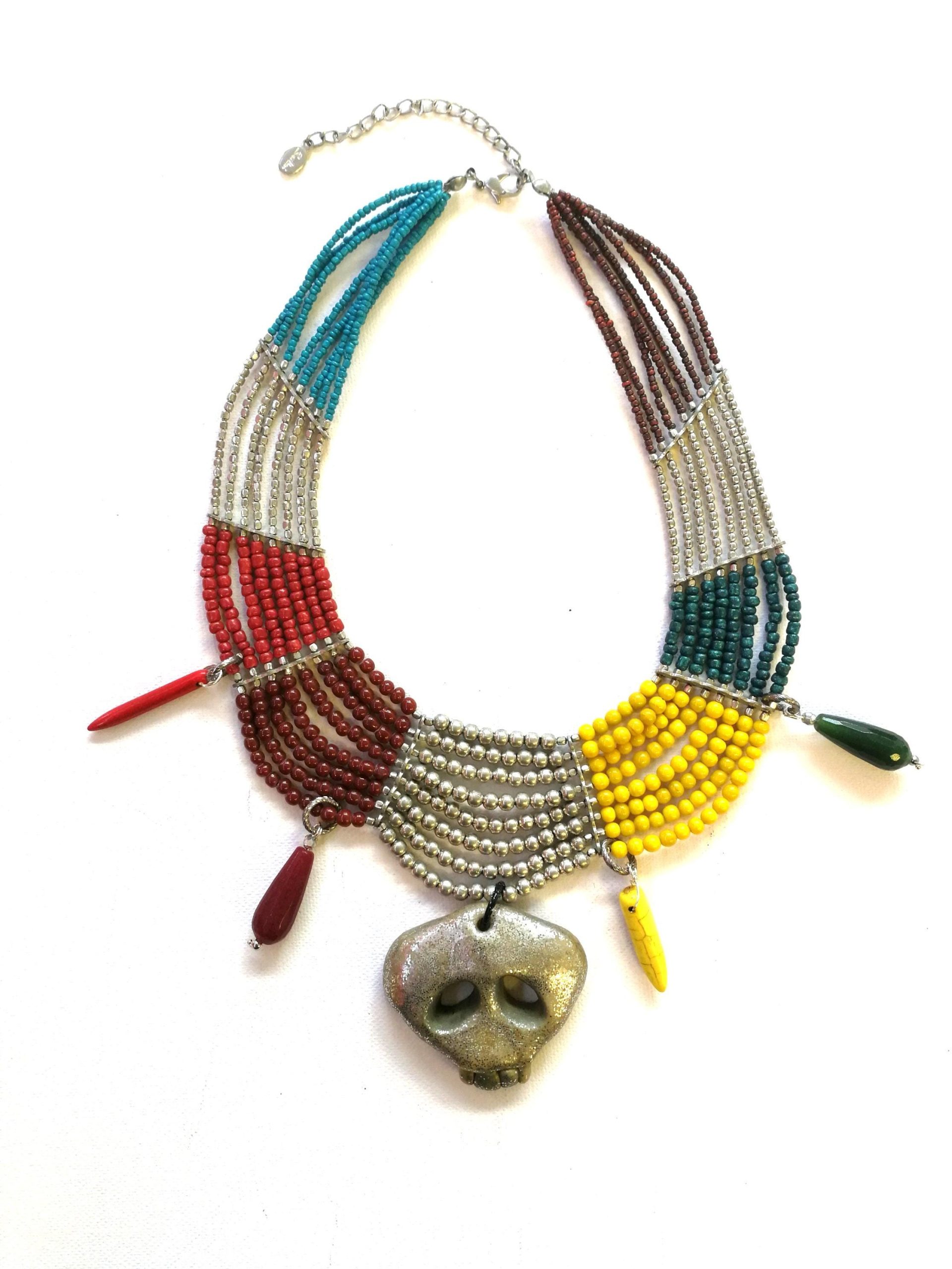 Mexican Jewelry, Ethnic Glamour Necklace, Whimsical Skull Pendant, Luxury Boho Charm Tribal Horn Gemstone