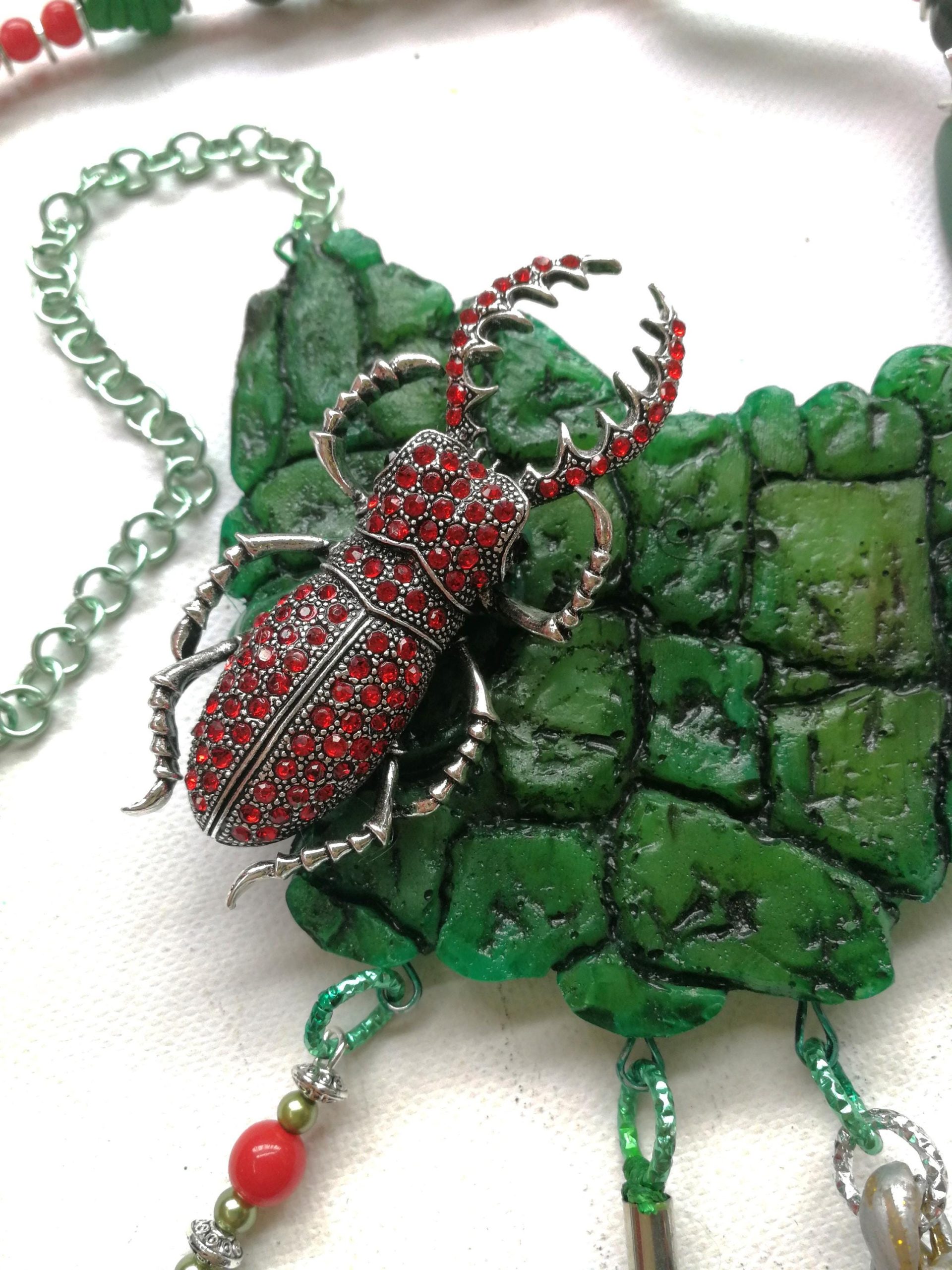 Scarab Beetle Pendant, Insect Necklace Forest, Maximalist Luxury Statement Jewelry Bib Tassel Charm Stone