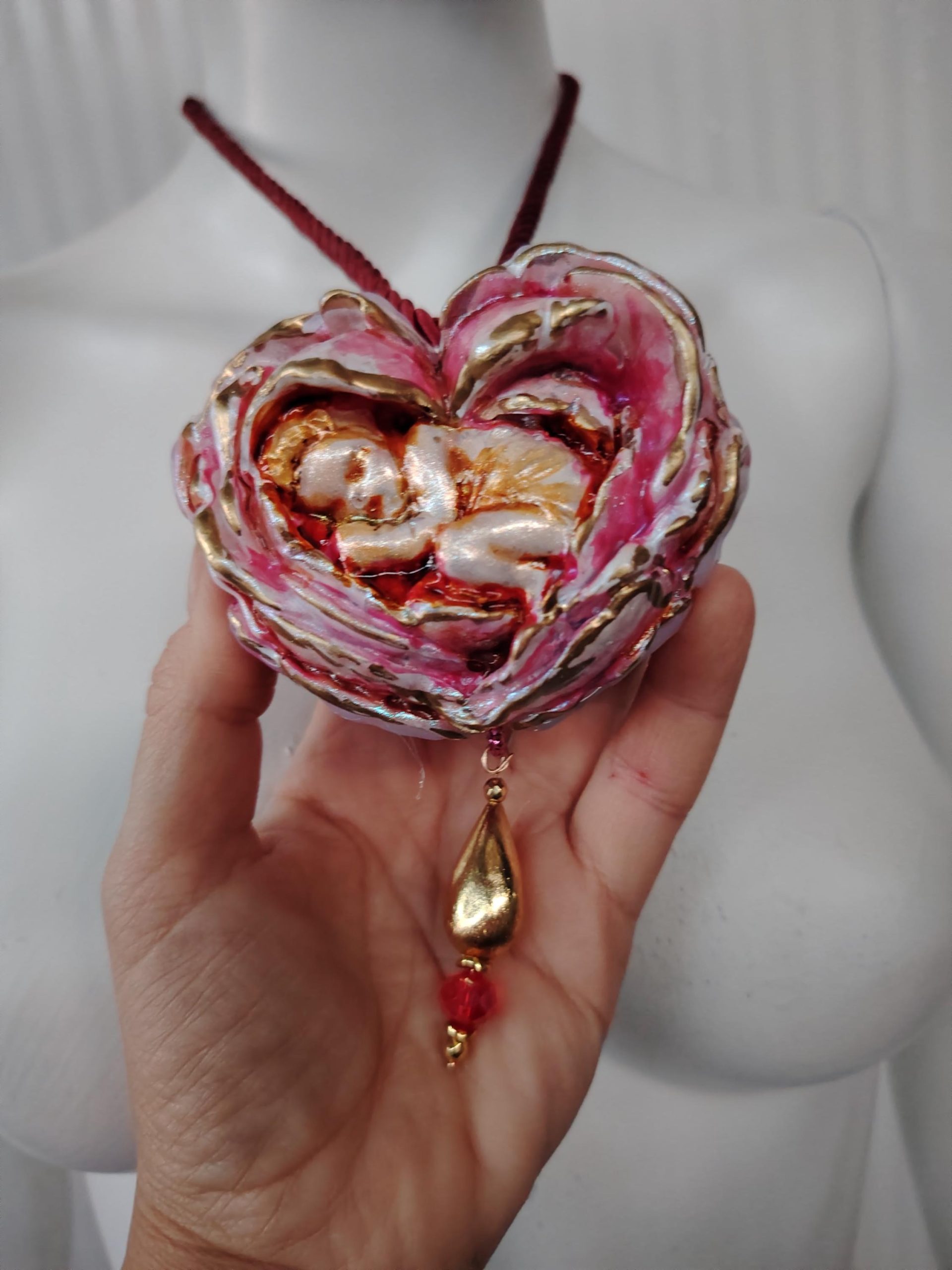 Art Nouveau Necklace, Peony Flowers Heart Pendant, Doll Child Baby Newborn Slepping, Jewelry Charms