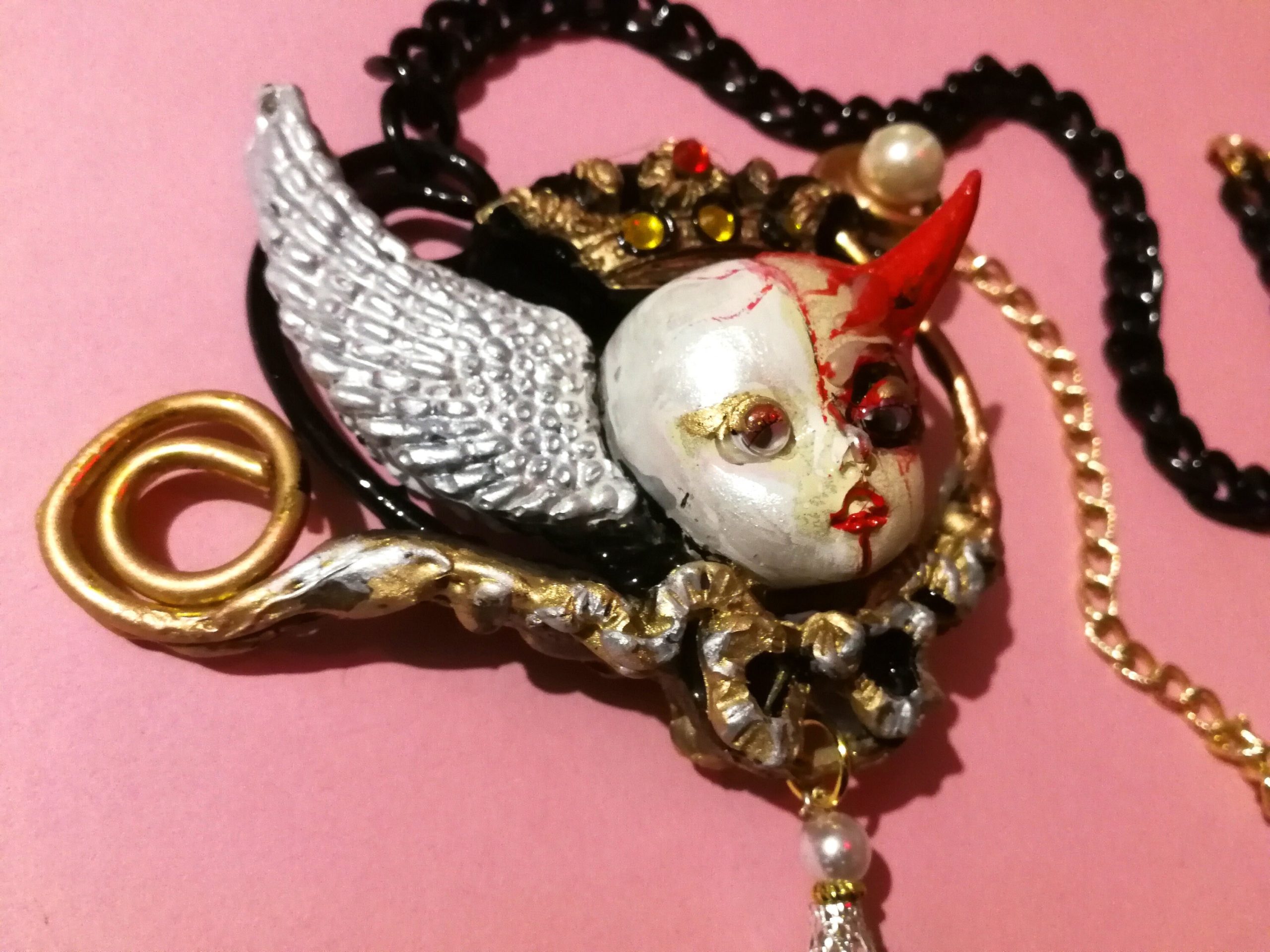 Angel and Demon Pendant, Vintage Doll Necklace, Devil Horn Jewelry, Winged Cherub Beaded Charm