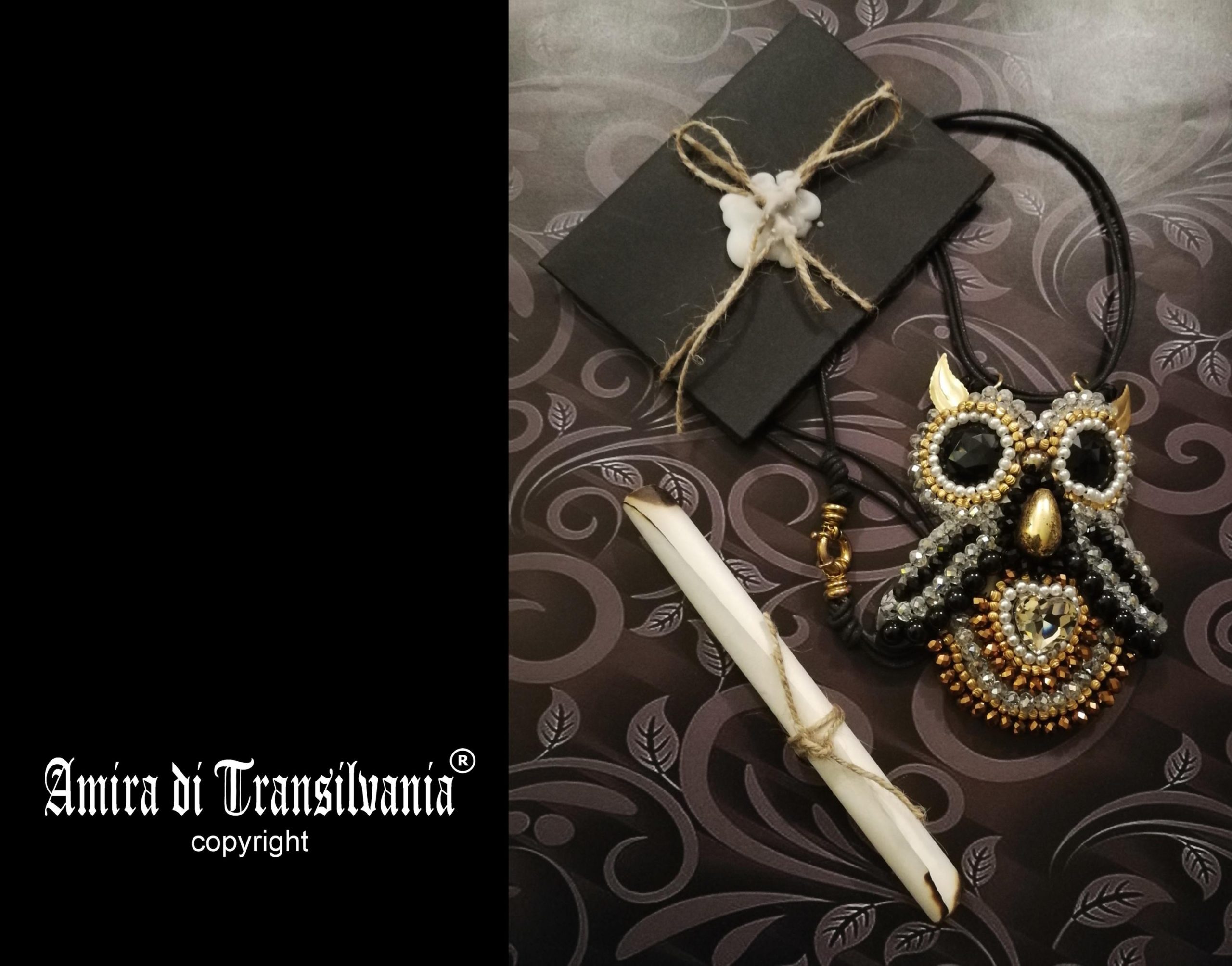 Owl Pendant, Statement Jewelry Nocturnal Bird Gothic Necklace, Embroidered Pendant Beaded Pearl Crystal Charm