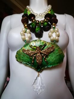 Fine Jewelry, Fan Leaf Bold Necklace, Chunky Pendant Art Nouveau Nature Pearl Crystal Charm