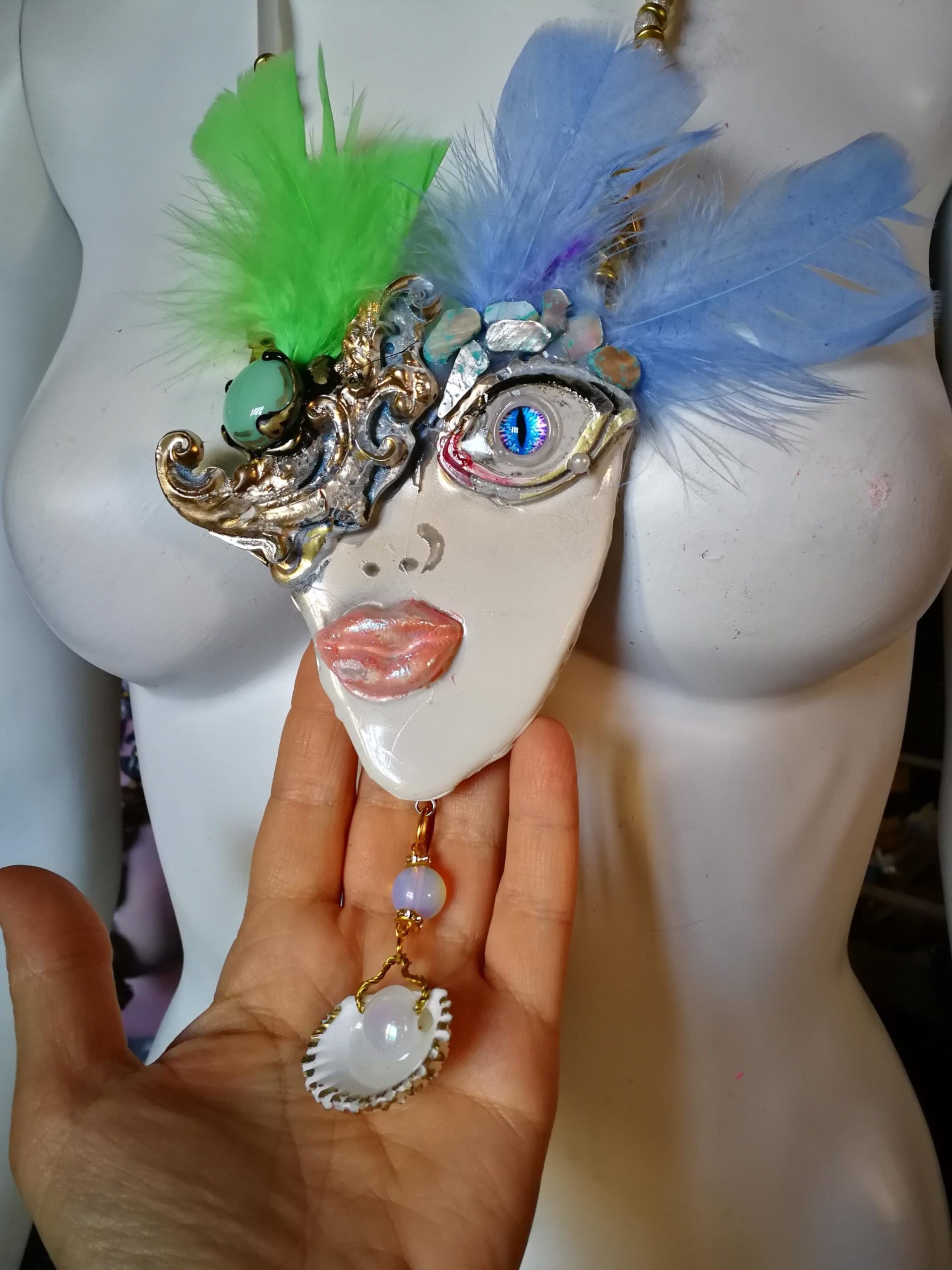Lady Face Necklace, Belle Epoque Charleston Gasby Pendant Chunky Portrait, Amazzonite & Shell Jewelry Charm