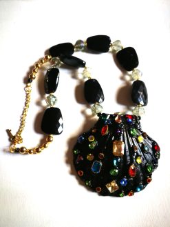 Bejeweled Shell Pendant & Black Design Big Bold Chunky Necklace, Statement Jewelry Luxury Crystal Strass
