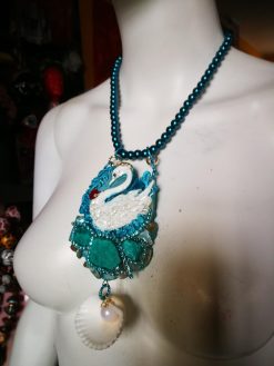 Swan Necklace, Statement Charm Pendant, Seashell Fine Jewelry Sculpture Luxury Turquoise Pearl & Raw Stone