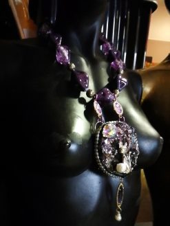 Rough Amethyst Statement Necklace Rhinestone Ball Accents Cat & Moon Chunky Pendant Design Beaded Jewelry