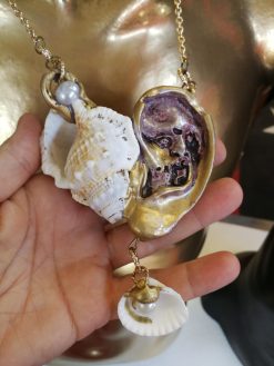 Shell Jewelry, Sea Glass Necklace Statement Pendant, Luxury Conch Charm Chain Collar Ear Pearl