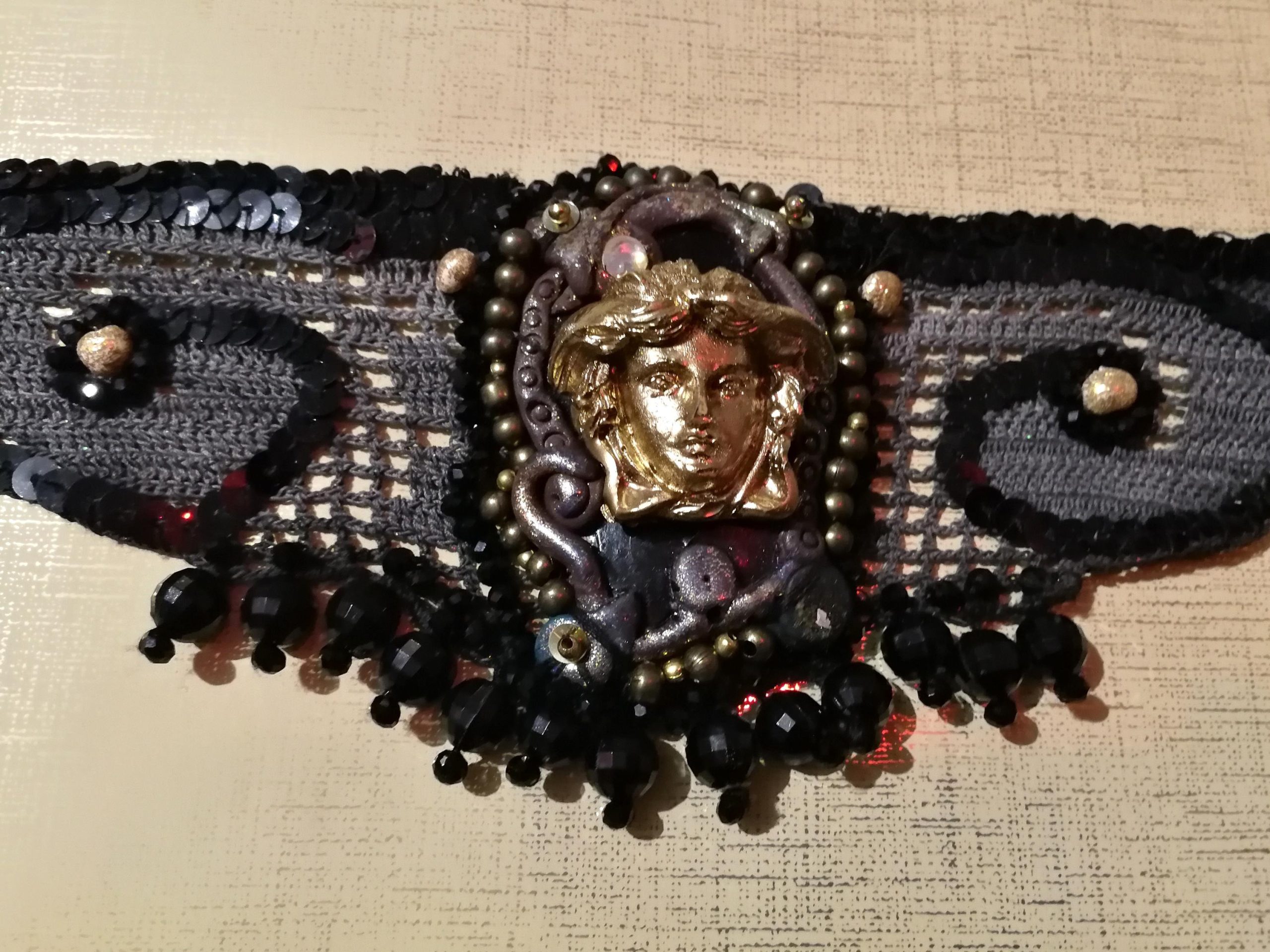 Dark Gothic Choker, Embroidered Macrame Lace Jewelry, Medusa Medallion Necklace Dramatic & Statement Collar