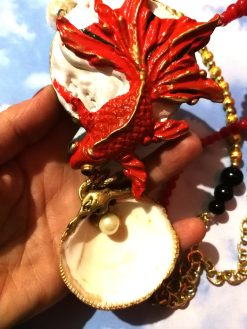Red Pisces Koi Fish Necklace Jewelry, Natural Shell Pendant Pearl Collier, Luxury Statement Jewellery