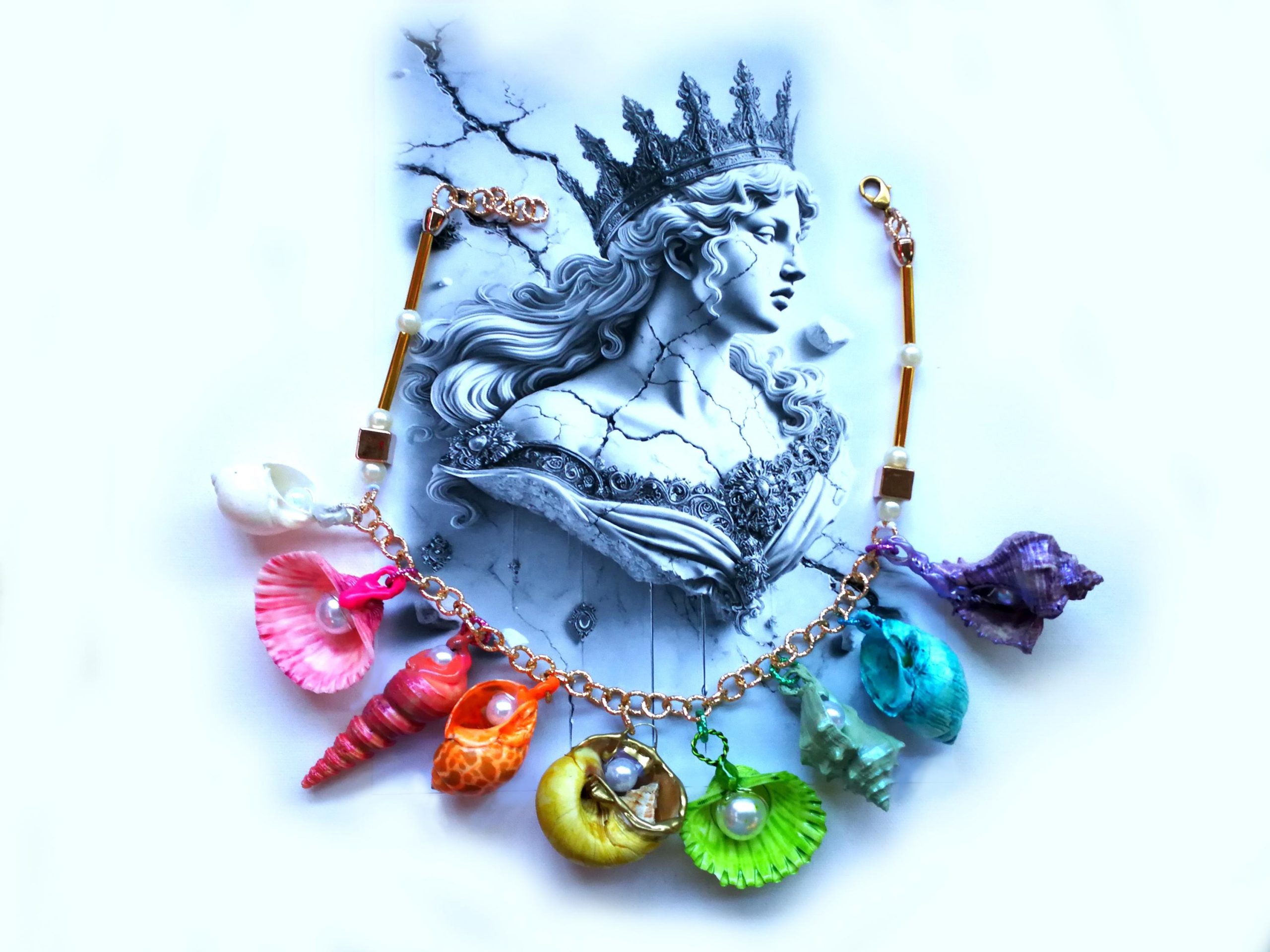 Puka Shell Necklace, Maximalist Design Handmade Painted Natural Seashell Conch Jewelry Rainbow Abalone Multicolored