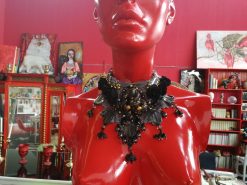 Marie Antoniette Choker, Embroidered Macrame Lace Jewelry, Locket Medallion Statement Necklace Collar Black Roses