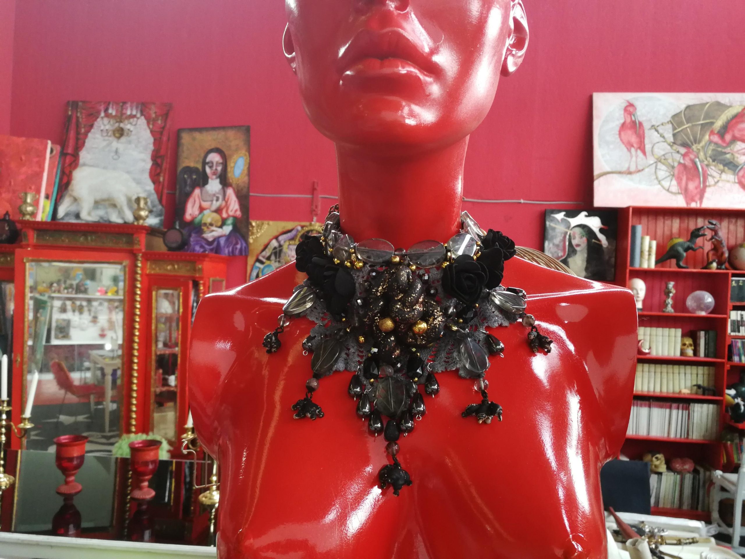 Marie Antoniette Choker, Embroidered Macrame Lace Jewelry, Locket Medallion Statement Necklace Collar Black Roses