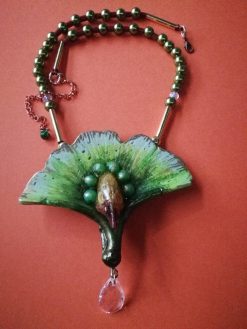 Eagle Bird Necklace, Art Deco Chunky Pendant, Statement Fan Leaf Nature Jewelry Crystal Charm