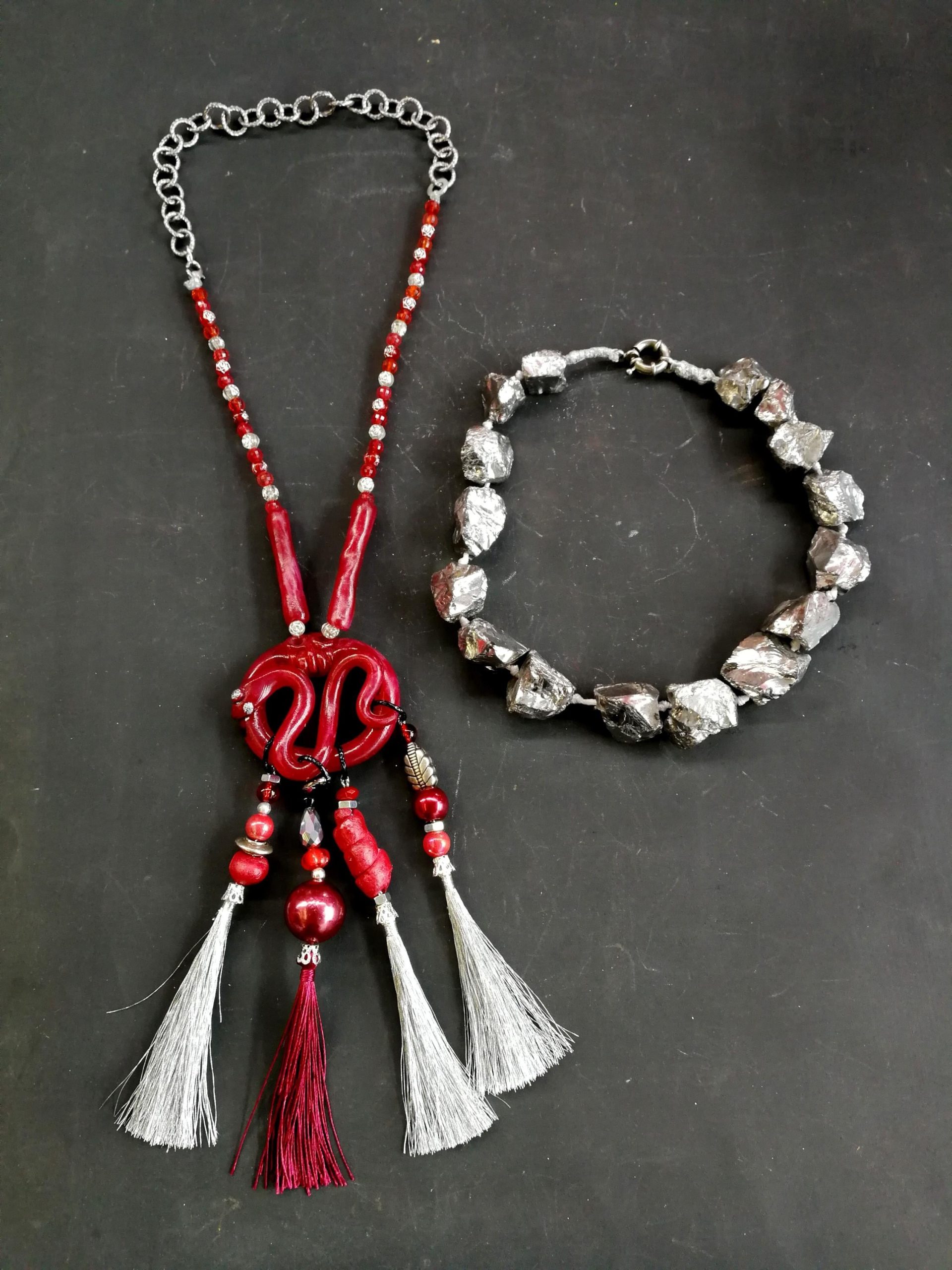 Brutalist Necklace, Chunky Snake Sculptural Pendant, Serpent Statement Jewelry Stone Beaded Chain Pyrite Gemstone