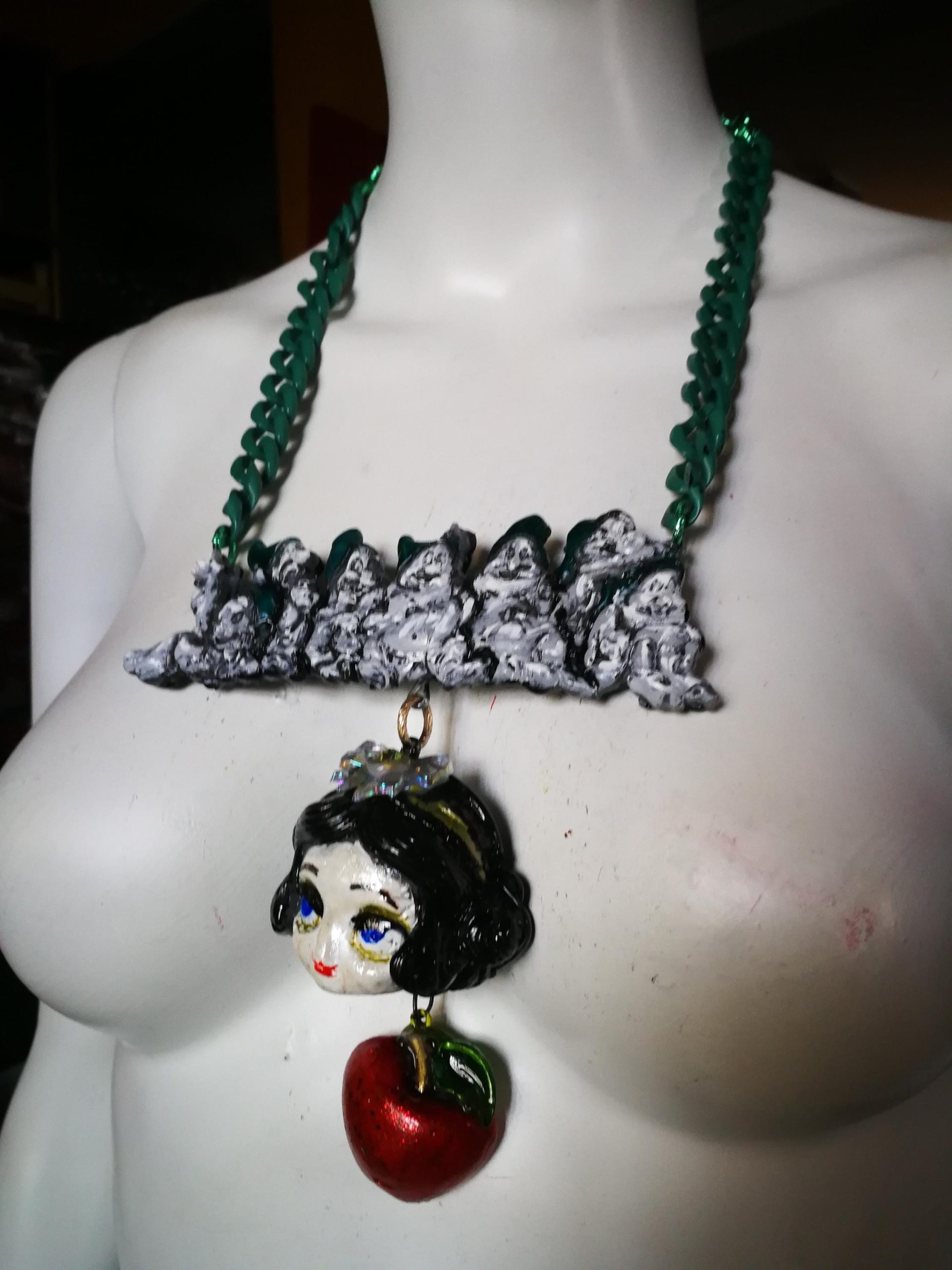 Whimsical Jewelry, Snow White & the Seven Dwarfs Necklace Manga Doll Fantasy Pendant Cartoonish Apple Charm