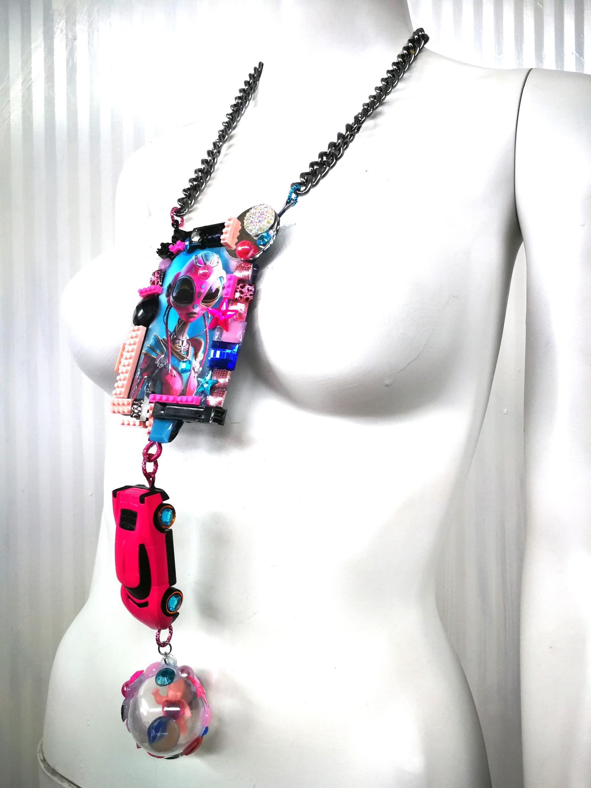 Futuristic OOAK Jewelry, Alien Statement Necklace UFO Area 51 Extraterrestrial E.T Design, Hi Tech Pendant