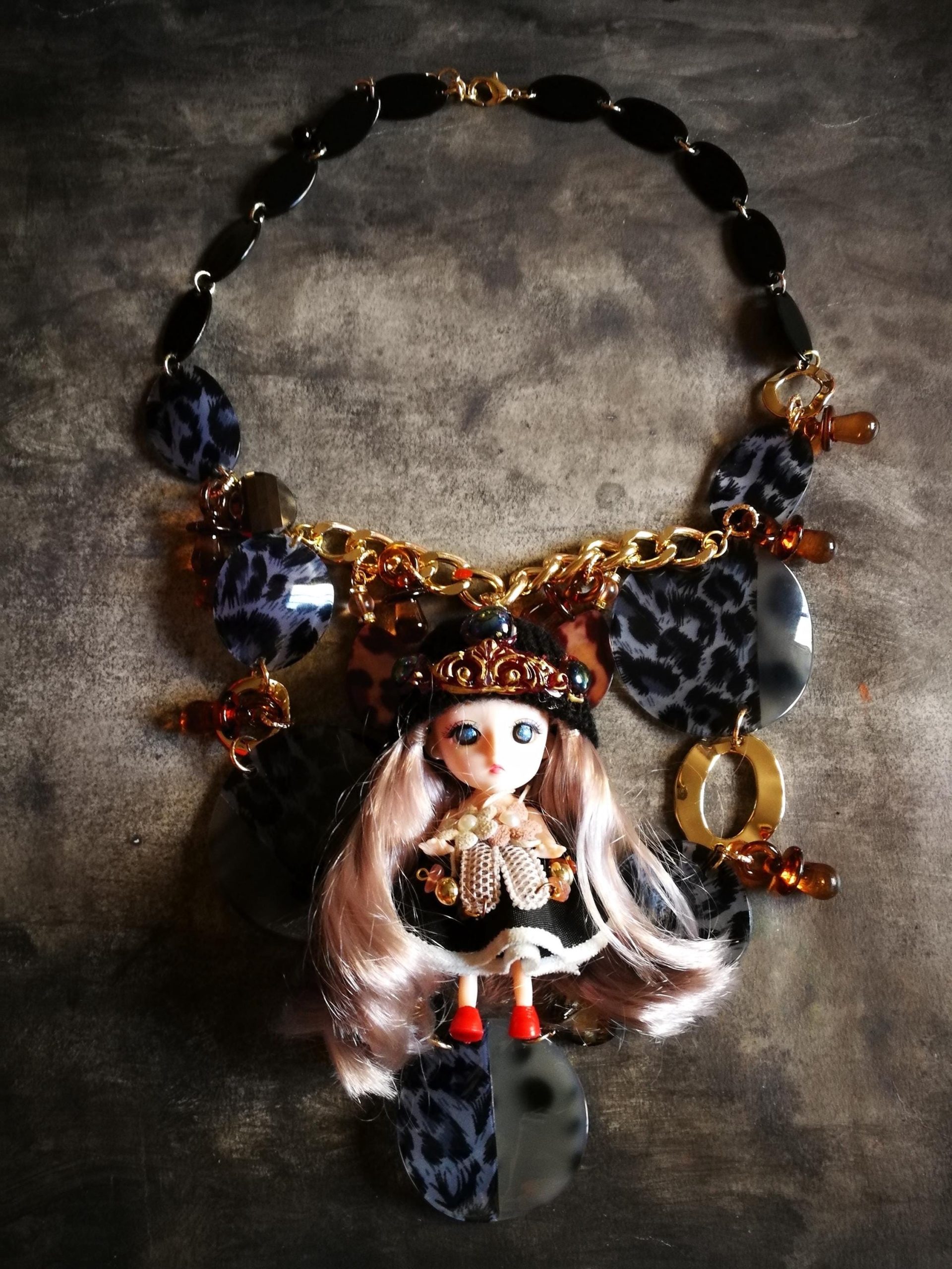 Tribe Designs, Extravagant Wild Life Doll Pendant, Designer Jewelry Chunky Necklace Charm, Folk Collar