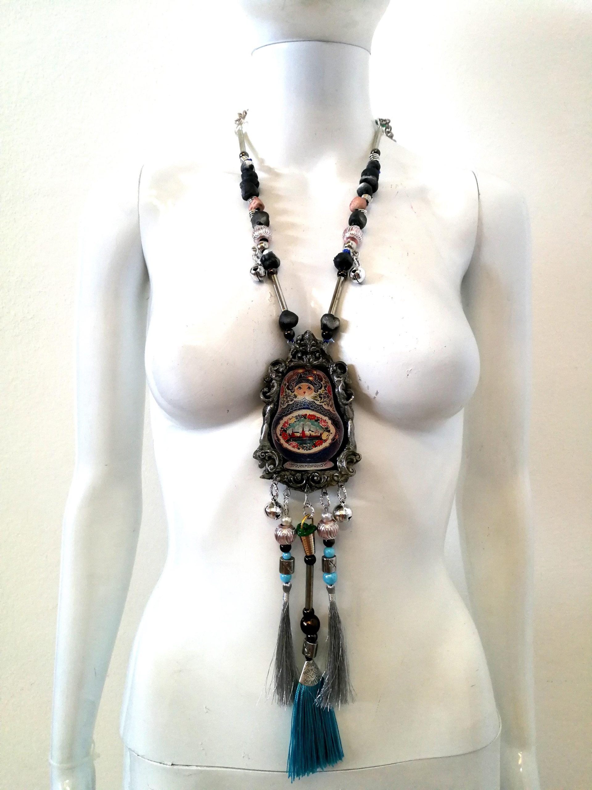 Matryoshka Dolls, Sculpture Statement Jewelry, Big Bold Chunky Necklace Traditional Folk Pendant Russian Folkloric