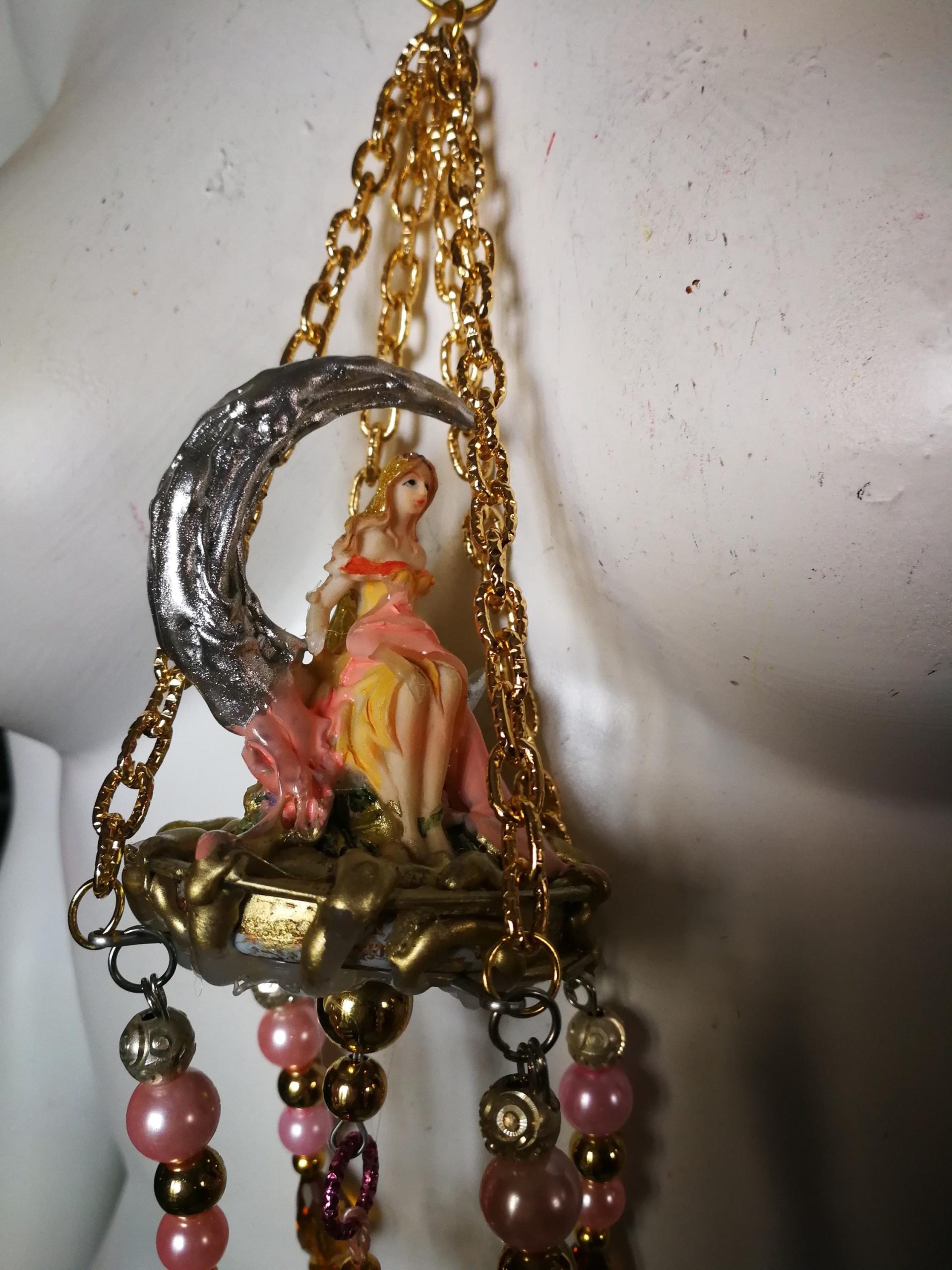 Fairy Garden Jewelry, Mythical Creature Fairies Tale, Little Doll Pendant, Moon Necklace Elegant Bib
