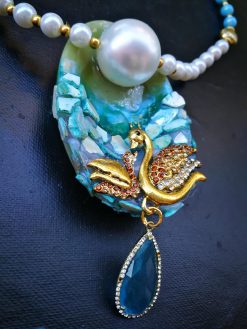 Swan Lake Rhinestone Choker Necklace, Statement Jewelry Mother of Pearl & Onyx Stone Charm Pendant