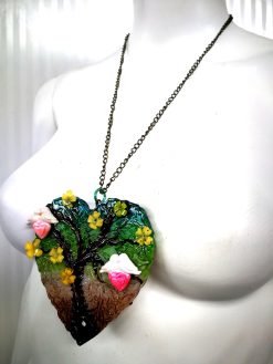 Tree of Life Necklace, Belle Epoque Jewelry, Art Nouveau Heart Sculpture Pendant Love Bird Yggdrasil